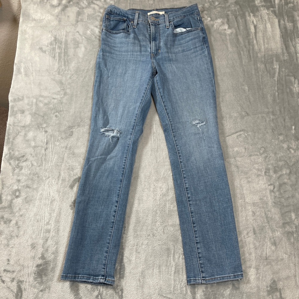 Levis Jeans Womens 30 724 High Rise Straight Distressed Medium Wash Blue Denim
